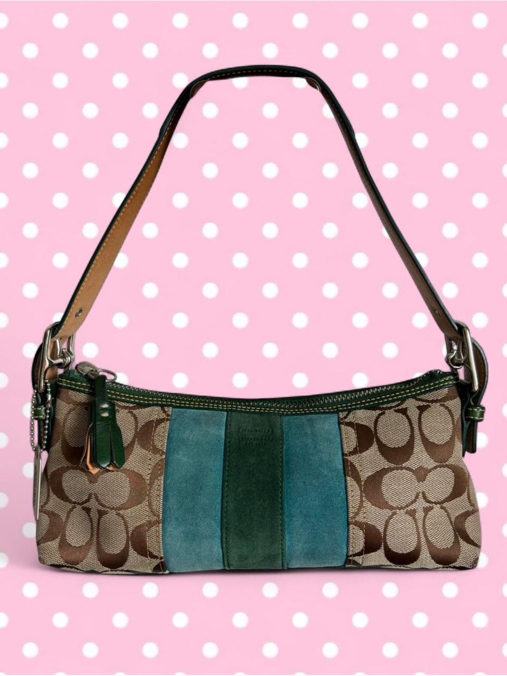 Coach Brown Signature Shoulder Bag with Teal and Dark Green Suede Panels